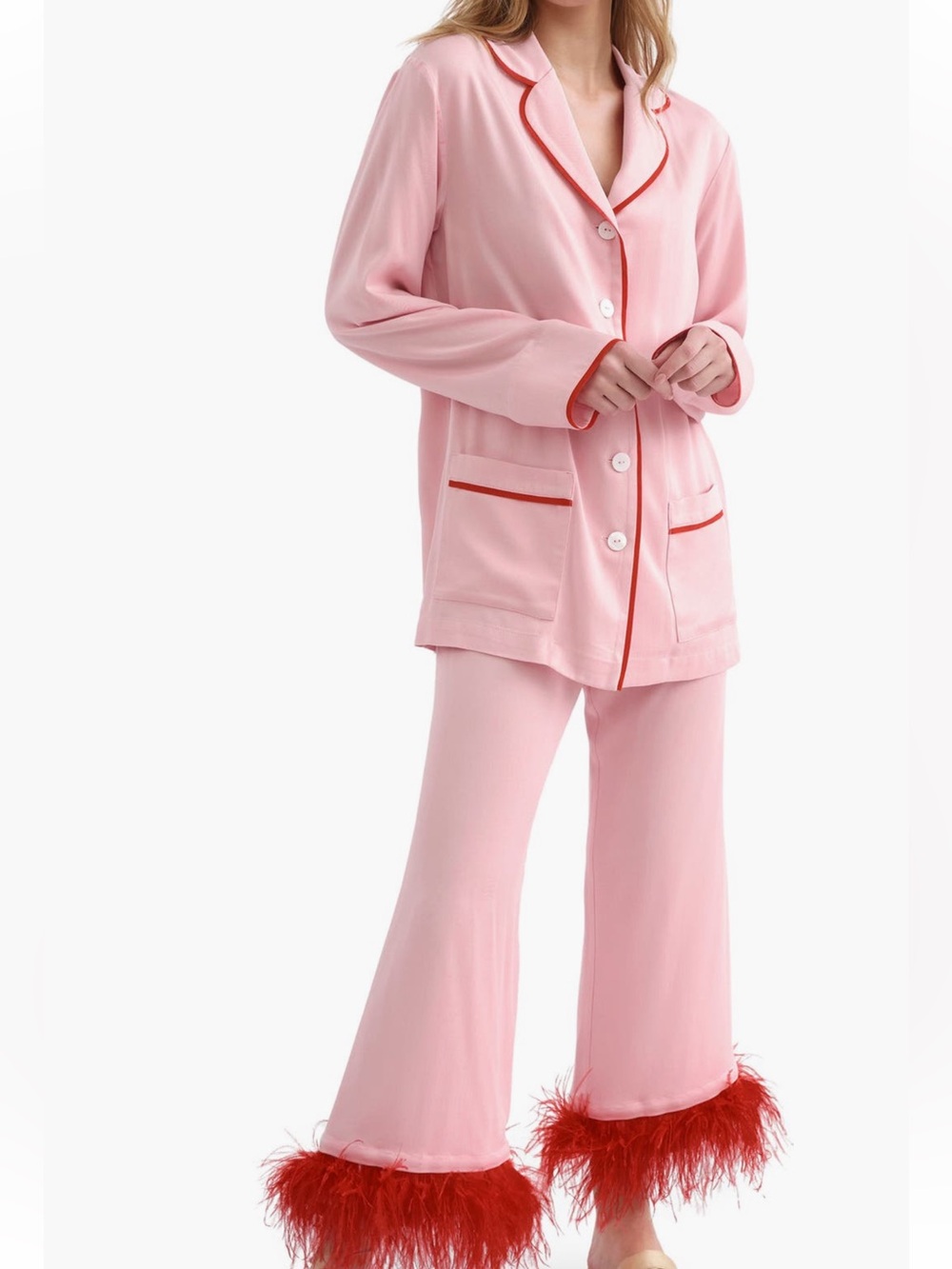 Sleeper Party Feather Trim Pajamas - Pink/Red